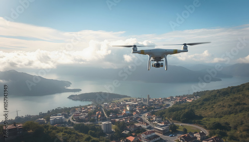 Pedestal drone flight over the town of Tafi del Valle with view on the epic lake and the cloudy mountain, slowmo and copy space isolated with white shades, png