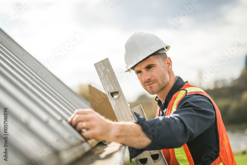 man with hard hat standing on steps inspecting house roof