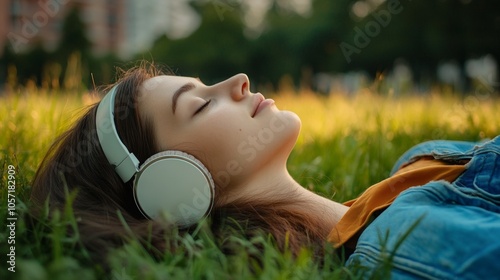 A young woman lies back on green grass in a park, eyes closed, enjoying her music through headphones as the warm sunlight bathes her surroundings