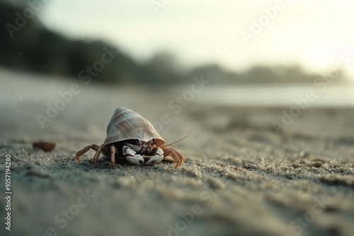 A determined hermit crab crawls along the sunlit sands, its shell-crafted shelter highlighting its solitary but adventurous life.