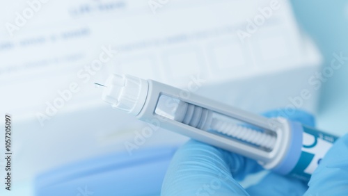 Close up on a needle on diabetic medication pen. Hands with blue glowes taping pen. High quality photo