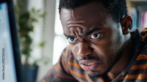 Man with a furrowed brow and a red face stares at a computer monitor