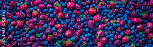 Top view of a mix of berries, including strawberries and blueberries, on a background, close-up, high-resolution photography.