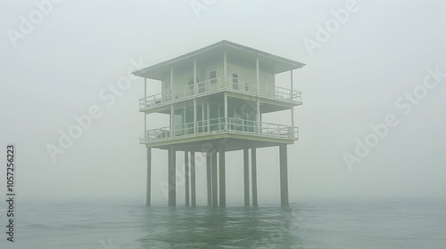 A two-story house on stilts in the middle of the ocean, shrouded in thick fog.