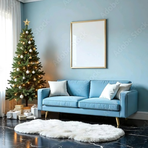 Sky blue tufted sofa, Christmas tree, white shag rug, and a blank white frame on the wall are present in a modern living room that is decorated in black marble flooring with gold.