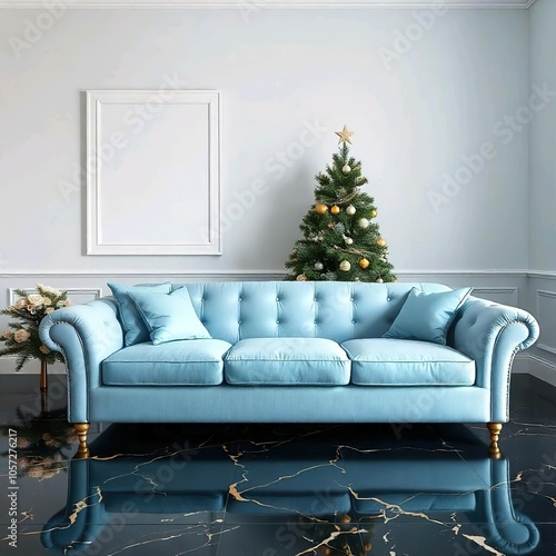 Sky blue tufted sofa, Christmas tree, white shag rug, and a blank white frame on the wall are present in a modern living room that is decorated in black marble flooring with gold.