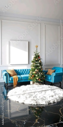 In this modern living room, you can see a sky blue tufted sofa, a Christmas tree, a white shag rug, and a blank white frame on the wall. The flooring is black and gold.