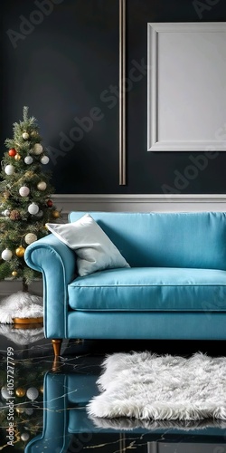 In this modern living room, you can see a sky blue tufted sofa, a Christmas tree, a white shag rug, and a blank white frame on the wall. The flooring is black and gold.