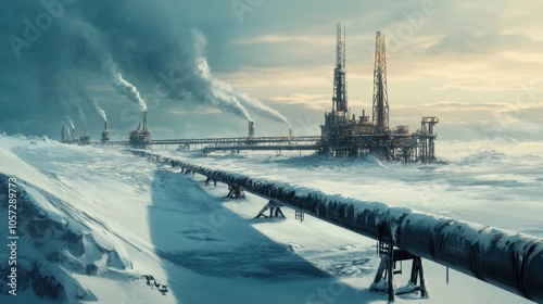 Winter scene with oil rigs and pipelines transporting crude oil amidst snow and icy