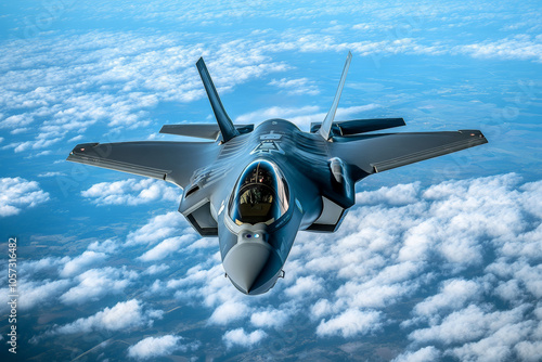 Majestic fighter jet soaring above clouds in clear blue sky showcasing advanced military aviation concept