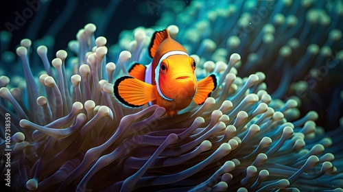 A close-up of a clownfish nestled comfortably within the protective arms of a sea anemone, with detailed textures of both the fish and the anemone highlighted