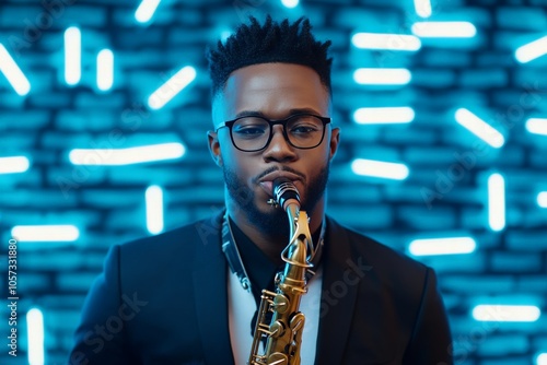 A saxophonist performs energetically against a vibrant, modern background. The music, talent, and lighting enhance the lively, artistic scene showcasing dynamic creativity.