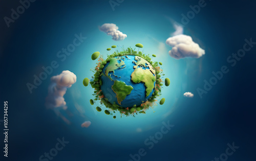 A 3D cartoon rendition of planet Earth with clouds and greenery surrounding it against a blue sky.