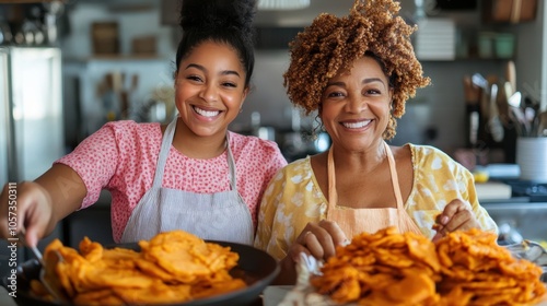 A mother and daughter smile while frying food in their kitchen, radiating happiness and creating cherished moments filled with laughter and culinary love.