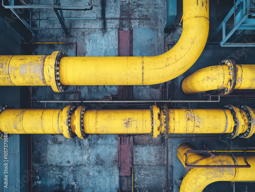 Aerial view of industrial yellow pipes crisscrossing a complex facility, showcasing robust infrastructure and engineering.