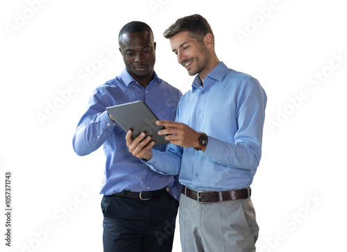 Two diverse business partners standing and discussing project working together on a transparent background