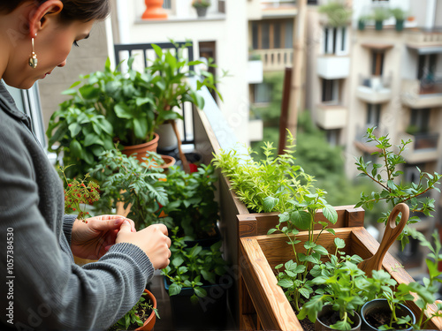 woman gardener taking care of plants in the balcony