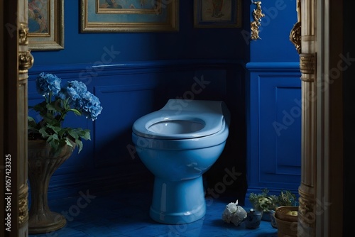 Modern interior of restroom with ceramic toilet bowl. New toilet bowl near color wall indoors