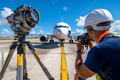 A modern airport runway under construction with heavy machinery, surveyors, and engineers marking areas, highlighting the planning and precision in civil engineering projects, symbolizing planning