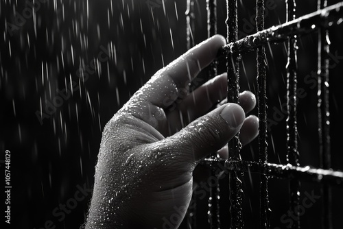 Close-up of a hand reaching out through jail cell bars, capturing the feeling of yearning and confinement, symbolizing entrapment and longing