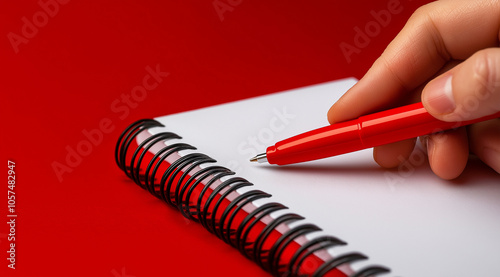 Uma mão segurando uma caneta vermelha está posicionada acima de um caderno espiral em branco sobre um fundo vermelho vibrante, pronta para capturar ideias e pensamentos