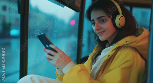 Mulher europeia feliz com fones de ouvido usando celular, treinando em bonde moderno, aproveitando o transporte público confortável. Retrato de passageiro com telefone e fone de ouvido