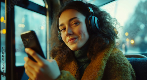 Mulher europeia feliz com fones de ouvido usando celular, treinando em bonde moderno, aproveitando o transporte público confortável. Retrato de passageiro com telefone e fone de ouvido