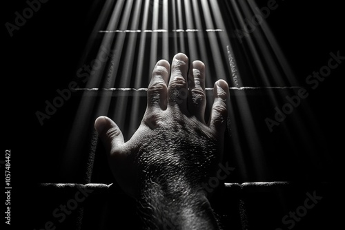 Close-up of a hand reaching out through jail cell bars, capturing the feeling of yearning and confinement, symbolizing entrapment and longing