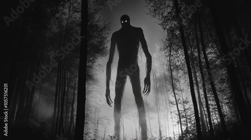 A Tall, Shadowy Figure Lurks in a Foggy Forest