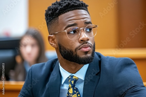 A jury seated and listening attentively in a courtroom, with soft lighting capturing the solemn duty of serving justice, symbolizing truth and community