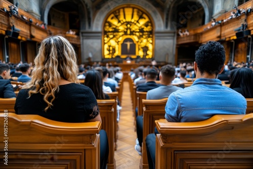 A lawyer giving closing arguments with confidence in a courtroom, with the audience listening intently, capturing the intensity of legal proceedings, symbolizing conviction and purpose