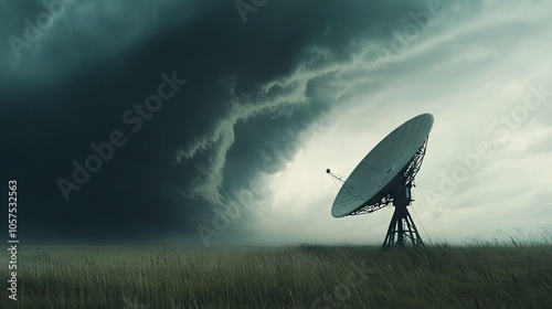 Satellite dish standing in an open field, surrounded by tall grass, pointing to the sky under a dramatic stormy cloud backdrop