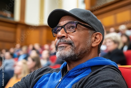 A jury seated and listening attentively in a courtroom, with soft lighting capturing the solemn duty of serving justice, symbolizing truth and community