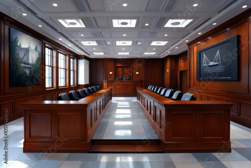 Watercolor illustration of a courtroom with soft tones and light capturing the formality and respect in the legal system, symbolizing calm and authority