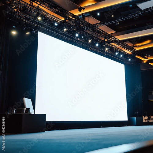 Large white display screen positioned on stage, intended for business presentation exhibits