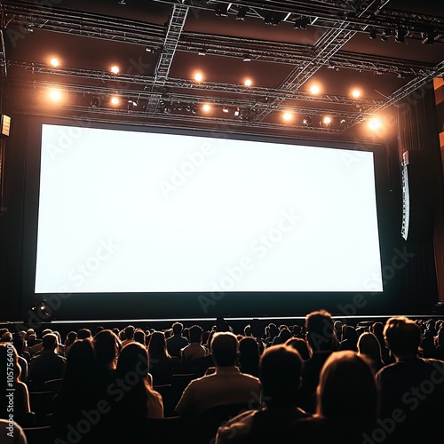 Large white display screen positioned on stage, intended for business presentation exhibits