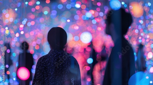 Blurred glimpses of curious onlookers admiring a multisensory art installation.