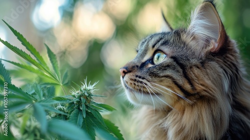 Maine Coon cat examines a cannabis leaf highlighting the use of CBD oil in veterinary medicine for its sedative and analgesic properties