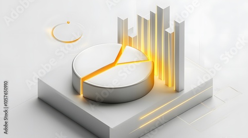  Cute isometric 3D image of 3D pie chart and bar chart in realistic metallic silver illuminated by neon gold. add floating, transparent charts and circular measurement tools. ensure perfect shapes and