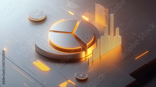  Cute isometric 3D image of 3D pie chart and bar chart in realistic metallic silver illuminated by neon gold. add floating, transparent charts and circular measurement tools. ensure perfect shapes and