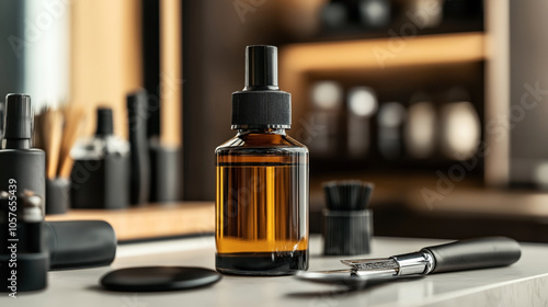 Barber shop counter with amber glass bottle and straight razor in blurred barbershop interior background