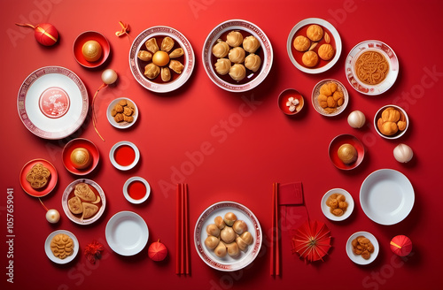 Background, chinese food, chinese new year, cuisine, decoration, dinner, dishes, dumpling, family, food, greeting card, holiday, lunar festival, red, spring, top view, traditional