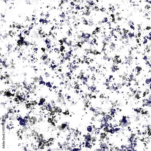 Abstract background with splashes and spots of gray, black and blue shades a white background. The composition creates a dynamic and chaotic look, reminiscent of an a splashed watercolor pattern