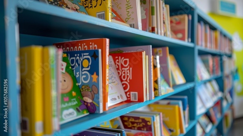 A mini library with a selection of childrens books in various languages for children to learn about different cultures and languages.