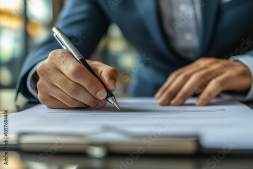 businessman sitting at desk holds pen signing contract paper, lease mortgage, employment hr or affirm partnership, Generative AI