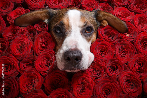 dog with roses in the studio. red rose on the background.