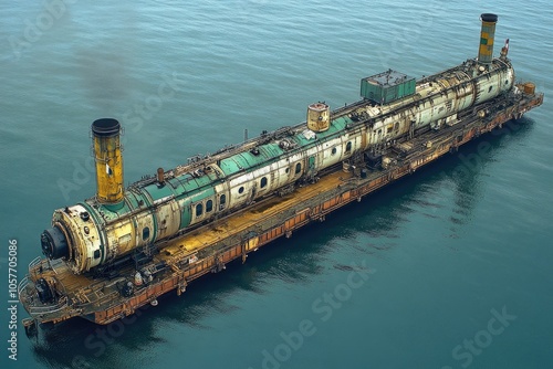 Abandoned Rusty Barge on Calm Blue Water