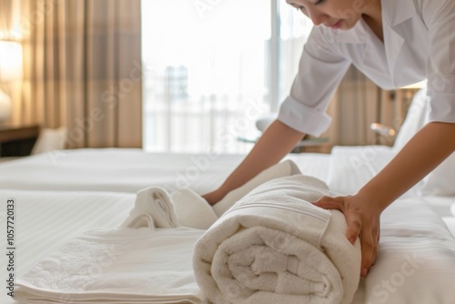 Hotel housekeeper arranging fresh towels on bed in sunlit room