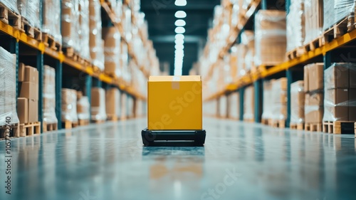 A yellow package on a wheeled cart moves through a warehouse aisle filled with neatly stacked boxes and shelves.