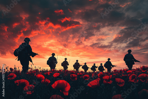 Silhouette of soldiers in red poppy flowers and dramatic sky background. Lest we forget, Remembrance Day, Memorial, Armistice day, Anzac day background